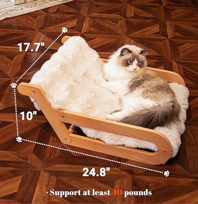 Elevated Cat Couch Bed for Indoor, Wooden Cats Sofa with Washable Fluffy Cover Raised Kitty Lounge Chair Suitable for Puppy(Cat Lounge Off-White)