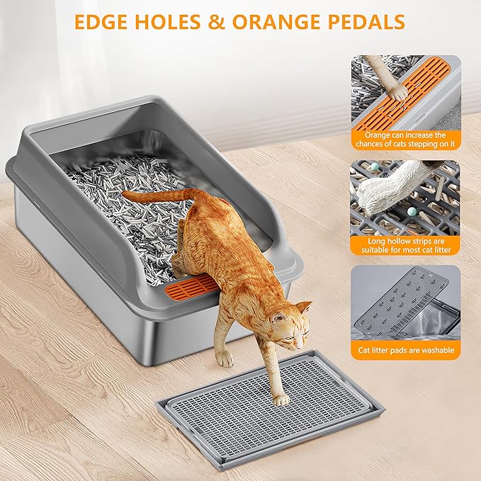 Stainless Steel Cat Litter Box for Multi-Cat Homes - High-Sided Anti-Leak Design,Large Cat Toilet, Non-Stick Surface, Odorless & Easy Clean, Durable with Litter Mat & Scoop