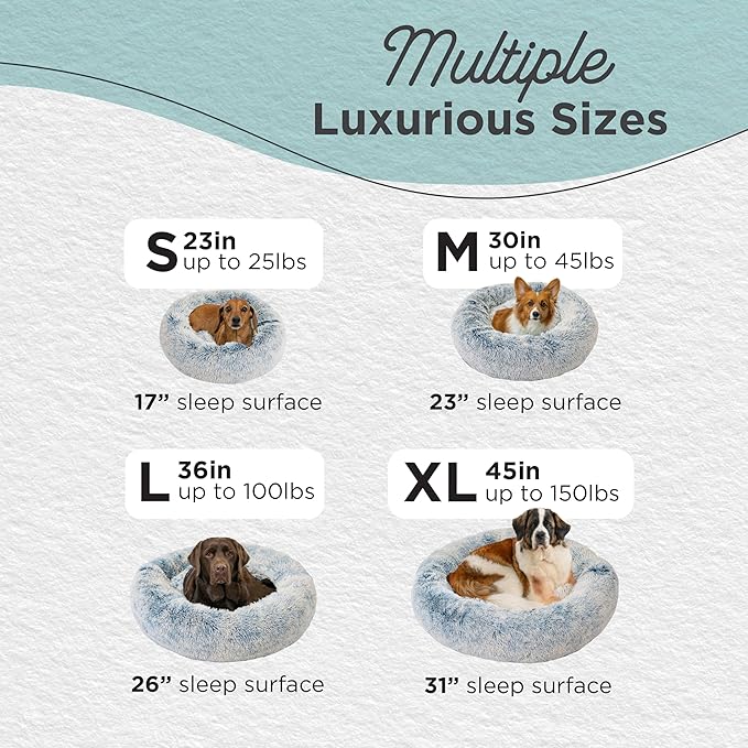 Best Friends by Sheri Original Calming Donut Dog and Cat Bed, Shag Faux Fur, Denim Blue, (30in x 30in) - Anxiety Relief for Pets Up to 45 lbs