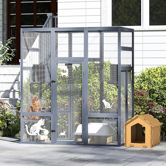 COZIWOW 70Inches Large Stable Spacious Wooden Catio Outdoor Cat Enclosure with Perches and Condos, Cat Cage Indoor with Waterproof Roof, 7 Platforms & 2 Resting Box, UV Resistant (Grey)
