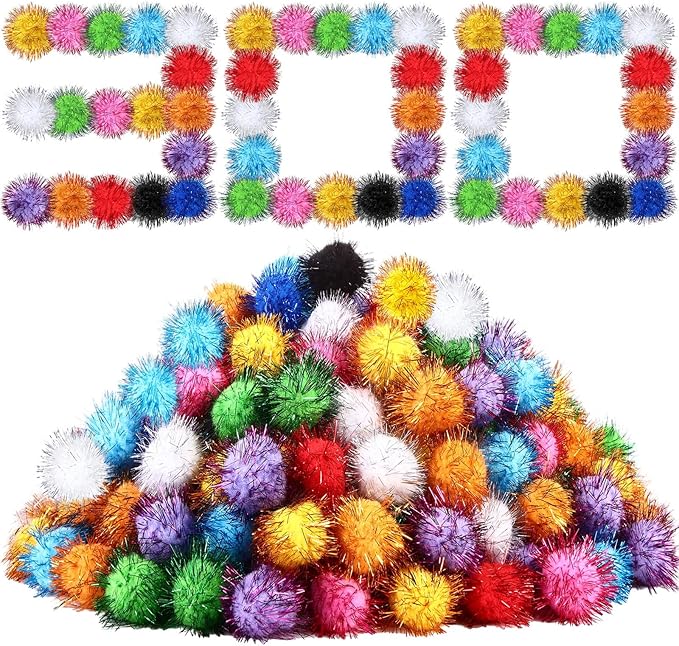 Poen 300 Pieces Cat Toy Fuzzy Balls 1.8 Inch Assorted Color Pom Pom Interactive Tinsel Balls for Indoor Cats