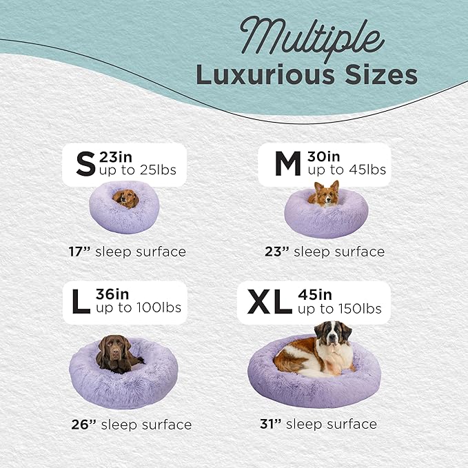 Best Friends by Sheri Original Calming Donut Dog and Cat Bed, Shag Faux Fur, Lavender, (36in x 36in) - Anxiety Relief for Pets Up to 100 lbs