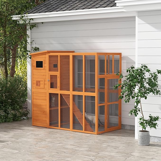 PawHut Catio Outdoor Cat Enclosure, Wooden Cat Patio with Platforms, Waterproof Asphalt Roof, Ramps, 77" L, Natural