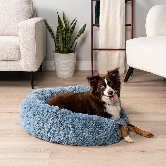 PetAmi Calming Dog Bed for Small Medium Dog Cat, Round Donut Washable, Fluffy Faux Fur Plush Cuddler Pet Kitten Cushion, Anti-Slip, Fits up to 45 lbs, 30 inch, Dusty Blue