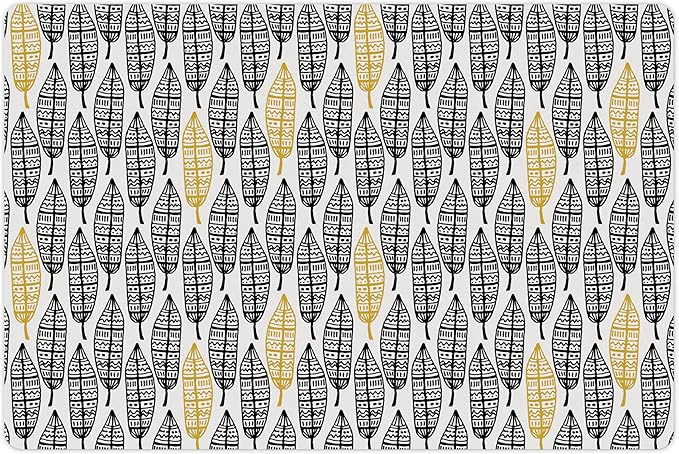 Lunarable Aztec Pet Mat for Food and Water, Modern Graphic of Ornate Hand Drawn Style Old Feather Form with Aztec Lines Print, Non-Slip Rubber Mat for Dogs and Cats, 18" X 12", Charcoal Yellow