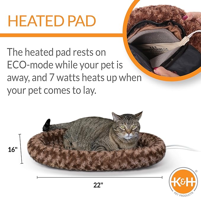 K&H Pet Products Bolster Heated Cat Bed for Indoor Cats, Thermo-Kitty Fashion Splash Orthopedic Foam Heated Pet Bed for Large Cats, Dogs, Waterproof Pet Heater, Safety Listed - Large 16 X 22in Mocha