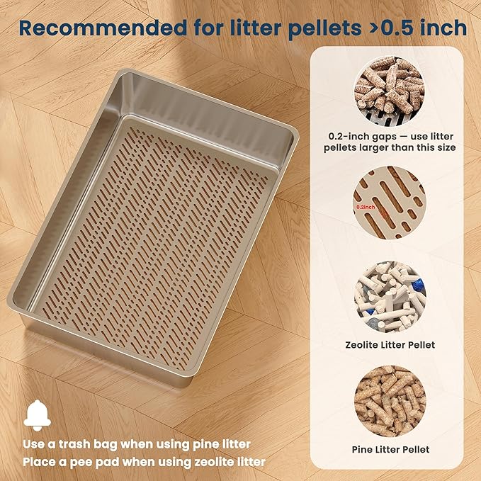 23.6" x 15.7" x 14.7" TIUUBT Stainless Steel Sifting Litter Box for Pine Pellets, XL Sifting Cat Litter Box with Sifter, High Side for Big Cats, Anti-Leakage, Odor Control, Includes Scooper