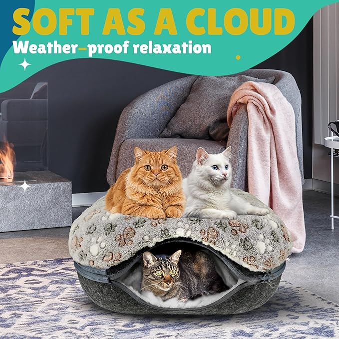RINGTAIL Peekaboo Cat Cave - Cat Caves for Indoor Cats, Cat Donut Tunnel Bed, Kitten Beds Felt, Cat Bed Cave Square with Two Fluffy Fleece Cushion, Nest Cove Scratch-Resistant Detachable & Washable