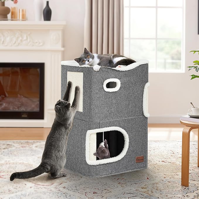 YITAHOME 2-Tier Cat House, Indoor Cat Cave Bed Playhouse, Flannel & Cool Mat, Covered Cat Beds with Scratch Pad and Hideaway Cave, Cute Modern Cat Condo Furniture for Multi Small Cats, Grey