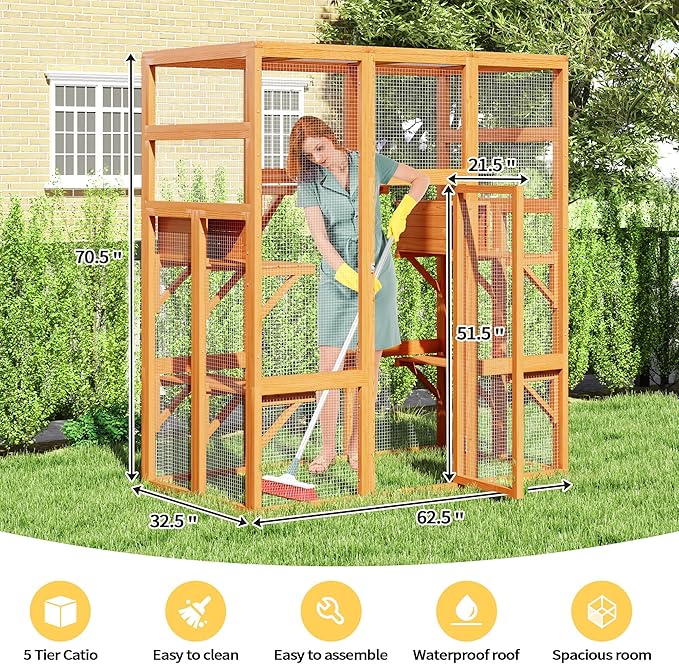 71Inches Large Wood Catio Outdoor Cat Enclosure with Perches and Condos, Cat House Indoor with Waterproof Roof, Cat Shelter 7 Platforms & 2 Resting Box, UV Resistant (Orange)