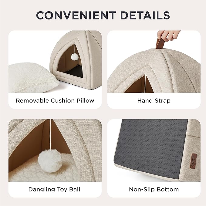 Bedsure Cat Beds for Indoor - 2 in 1 Cat Cave House Tent for Kittens and Small Pets with Removable Washable Cushioned Pillow, Foldable Kitten Hideaway with Non-Slip Bottom, Beige, 16 inches