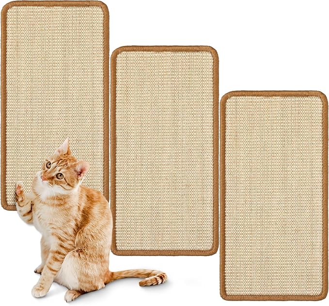 Mixweer 3 Pcs Wall Cat Scratcher Mat 19.7 x 9.8 Wall Mounted Scratching Pad for Indoor Cats Couch Carpet Furniture Protector, with Hook Loop Strips