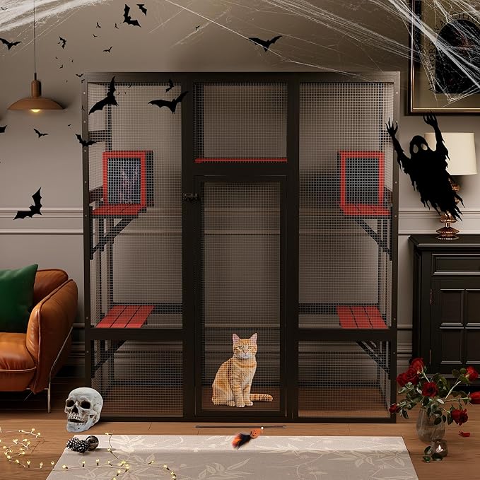 COZIWOW 70Inches Large Spacious Wooden Catio Outdoor Cat Enclosure with Perches and Condos, Cat Cage Indoor with Waterproof Roof, 7 Platforms & 2 Resting Box, UV Resistant (Gothic)