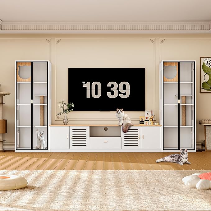 3-in-1 Cat Cabinet and TV Stand White Cat Climbing Furniture with Scratching Posts Pet Door, Modern Wooden Design with Storage and Drawer for Living Room