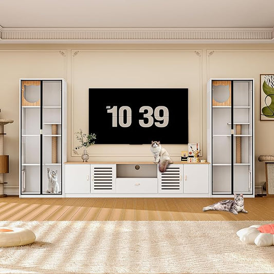 3-in-1 Cat Cabinet and TV Stand White Cat Climbing Furniture with Scratching Posts Pet Door, Modern Wooden Design with Storage and Drawer for Living Room