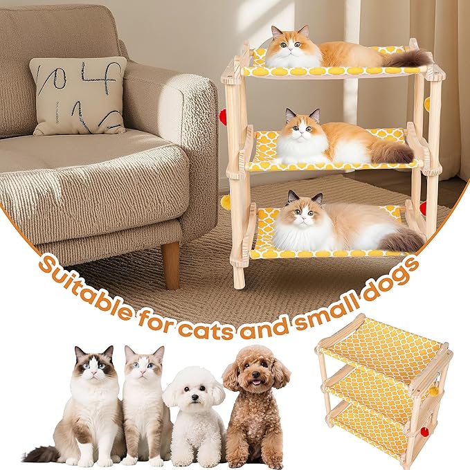 Large 3-Layer Cat Hammock Bed, 24"x15.7"x26.8" Elevated Cat Bed with Pine Wood Frame, Breathable Washable Covers, Wooden Pet Furniture for Indoor Cats and Small Animals (Orange, 3-Tier)