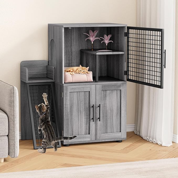 Cat Litter Box Furniture, Modern Cat Cabinet with Side Door, Double Layer Hidden Litter Box Enclosure & Pet House, Villa Style Cabinet with Side Door and Ladder for Indoor Cats