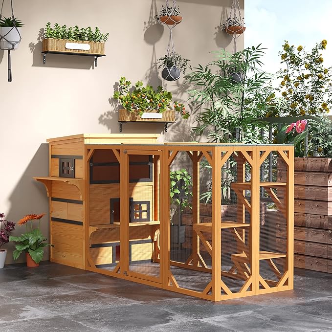 PawHut 3-Story Cat House Feral Cat Shelter, Outdoor Kitten Condo with Raised Floor, Asphalt Roof, Escape Doors, Jumping Platforms, Yellow
