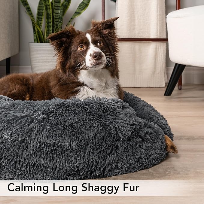 PetAmi Calming Dog Bed for Small Medium Dogs and Cats, Round Donut Washable, Fluffy Faux Fur Plush Cuddler Pet Kitten Cushion, Anti-Slip, Fits up to 45 lbs, 30 inch, Dark Gray