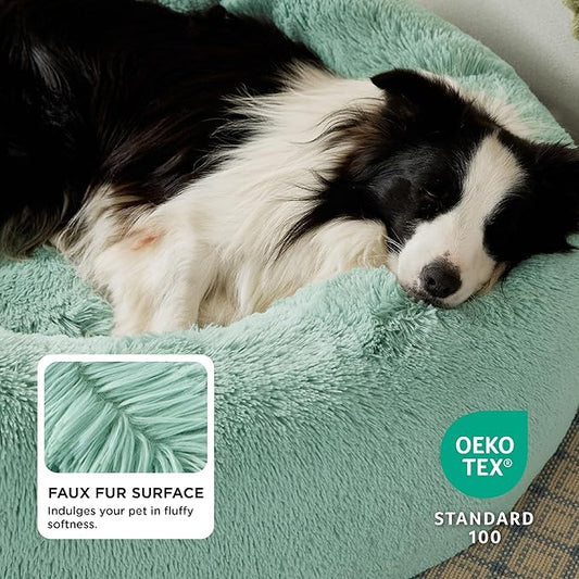 Bedsure Calming Dog Bed for Large Dogs - Donut Washable Large Pet Bed, 36 inches Anti-Slip Round Fluffy Plush Faux Fur Dog Bed, Fits up to 80 lbs Pets, Apple Green