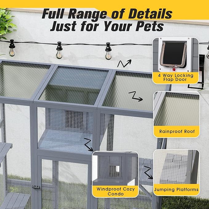 COZIWOW Upgraded Extra Large Outdoor Catio Enclosure with 4-Way Pet Door, Insulated Cat House, Weatherproof PVC Cover, Window Attachable, Gray