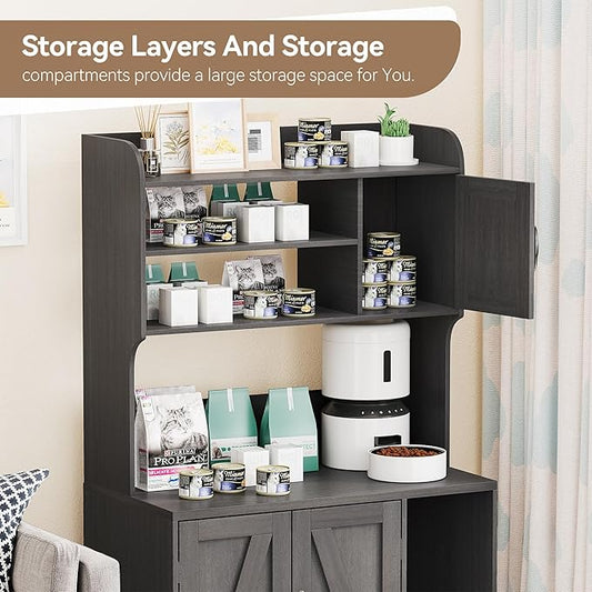 Large Cat Litter Box Enclosure Furniture with 3 Open Shelves and Storage Cabinet, Farmhouse Cat House Washroom with Scratch Pad, Modern Wood Pet House Side End Table for Livingroom Bedroom