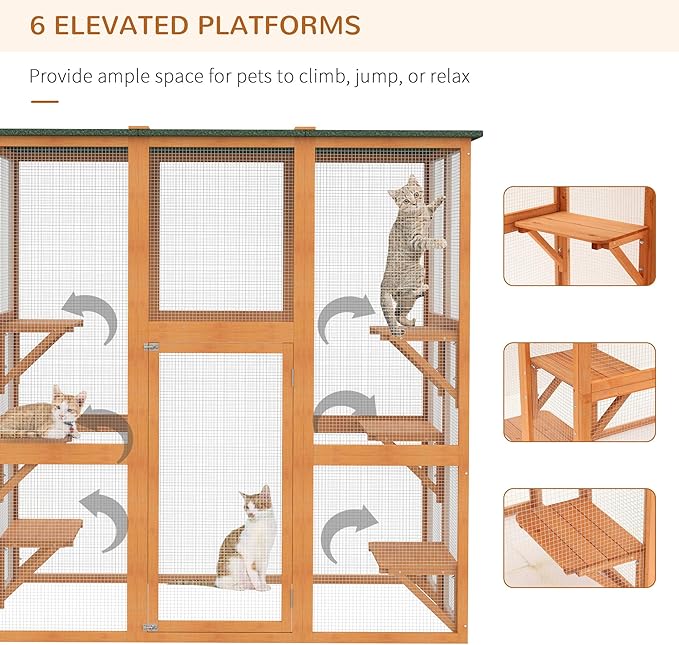 PawHut Outdoor Cat House Big Catio Wooden Feral Cat Shelter Enclosure with Large Spacious Interior, 6 High Ledges, Weather Protection Asphalt Roof, 71" L, Orange