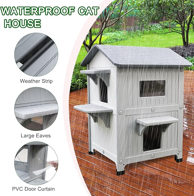 Rockever Luxury Plastic Outdoor Indoor Cat House with Escape Door, Waterproof 2 Story Outdoor Houses for Feral Cats Outside Cat Shelter, Spacious, Clean and Assemble Easily
