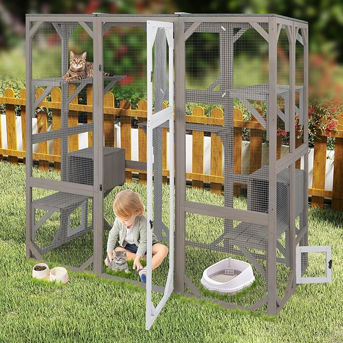 Catio Outdoor Cat Enclosure Cat House, Large Wooden Walk-in Cat Cage Condo Indoor Playpen with Multi Platforms, Flat Roof, and 2 Resting Box (Grey, 70.9" L x 36.5" W x 70.9" H)