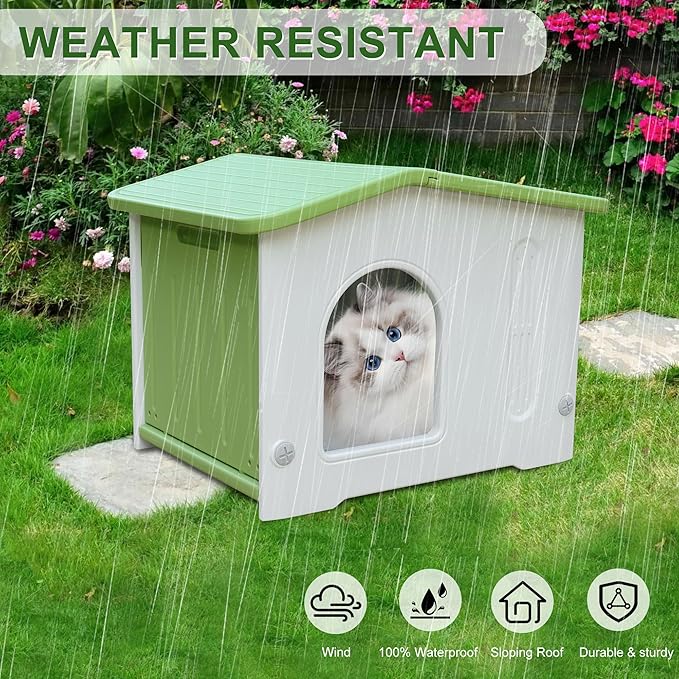 Rockever Plastic Outdoor Cat House with Escape Door, Waterproof Cat Shelters for Feral Cats Indoor Cat House with Mat, Sturdy Cat House for Outdoor Cats, Assemble Easily-Green