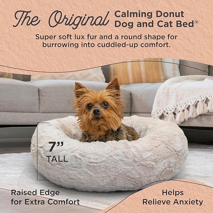 Best Friends by Sheri Original Calming Donut Dog and Cat Bed, Lux Faux Fur, Oyster, XS (18in x 18in) - Anxiety Relief for Pets Up to 10 lbs