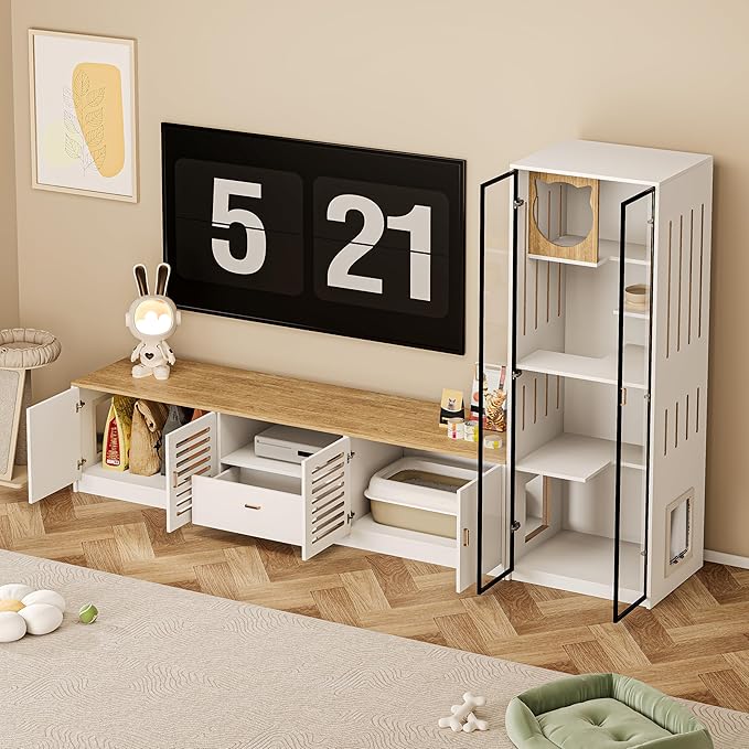 2-in-1 Cat Cabinet with Scratching Posts Litter Box Enclosure with 78.7" TV Stand Modern Cat House Scratch-Resistant for Living Room Home Office