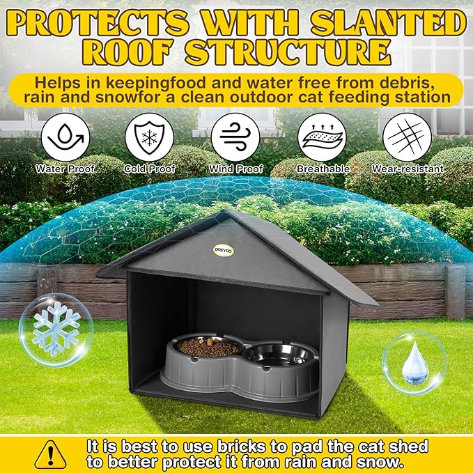 Dreyoo Cat Houses & Condos Outdoor Cat Feeding Station for Food & Water, Weatherproof Outdoor Kitty Dining Room Cats Shelter for Stray, Feral and Community Cats, 13”d x 17”w x 15.5'h(Dark Grey)