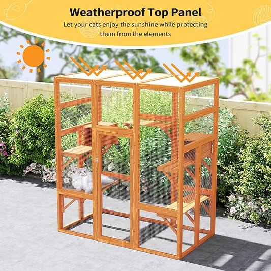 71Inches Large Wood Catio Outdoor Cat Enclosure with Perches and Condos, Cat House Indoor with Waterproof Roof, Cat Shelter 7 Platforms & 2 Resting Box, UV Resistant (Orange)