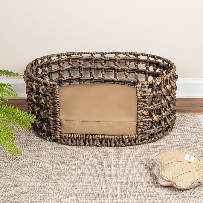 DBD4000B Gigi 24" x 18" Modern Bohemian Handwoven Hyacinth Open-Weave Oval Pet Bed with Machine-Washable Cushion, Brown