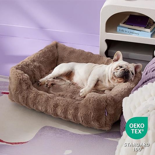 Lesure Fluffy Dog Beds for Medium Dogs - Rectangle Orthopedic Calming Pet Sofa,Plush Bubble Bolster Pet Bed with Removable Washable Cover and Nonskid Bottom,30x24x8inches,Brown