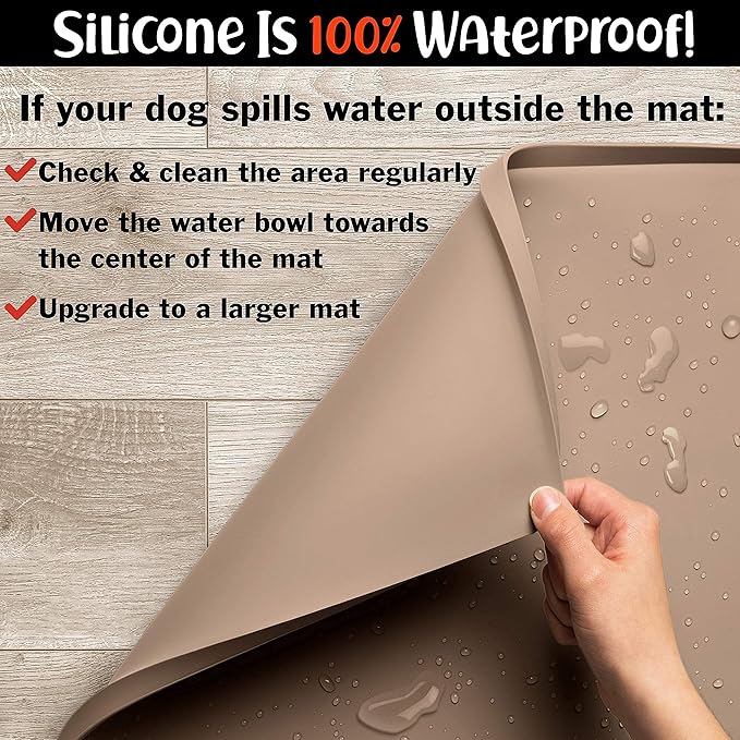 DogBuddy Non-Slip Silicone Food Mat for Dogs (XXL: 32" x 24", Taupe) - Waterproof, Nonslip Dog Feeding Mat with Raised Edges