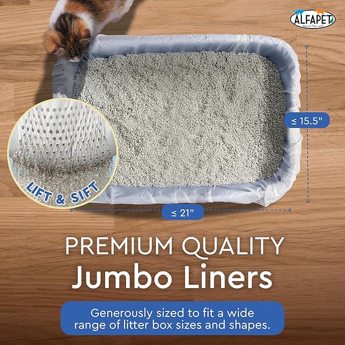 Alfapet Sifting Cat Litter Box Liners - Jumbo 30 Count, Pack of 5 - Tear-Resistant Cat Litter Bags, Waterproof Kitty Litter Liners, Fits Litterbox Pan Sizes X-Large, X-Giant, 37" x 18" 30 lb Capacity