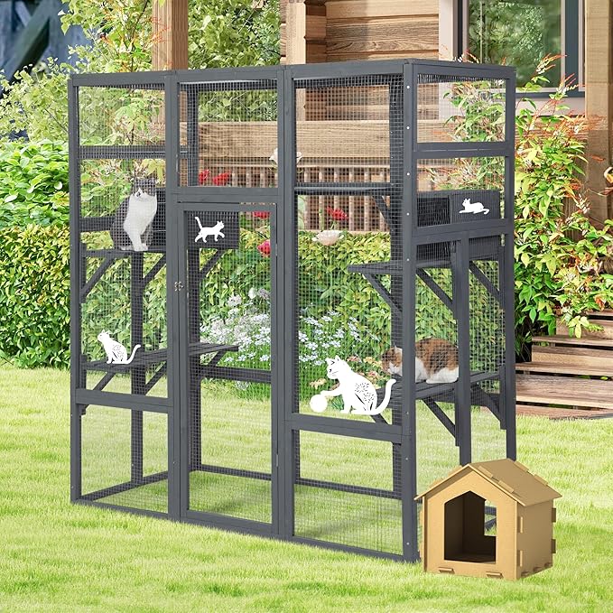 COZIWOW 70Inches Large Stable Spacious Wooden Catio Outdoor Cat Enclosure with Perches and Condos, Cat Cage Indoor with Waterproof Roof, 7 Platforms & 2 Resting Box, UV Resistant (Grey)