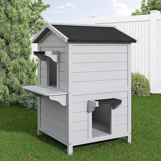 Outdoor Cat House for Multiple-Cats:Wooden Cat Shelter with Weatherproof Roof, Easy Access & Ventilation, Large Pet Catio for Feral Cats, Indoor Outside Use
