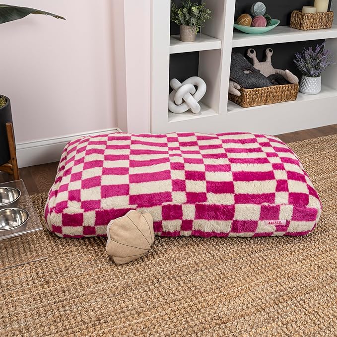 DBD3001H-L Mabel 41" x 25.5" Designer Modern Ultra Soft Reversible Plush Rectangular Pet Bed with Washable Cover, Raspberry Check