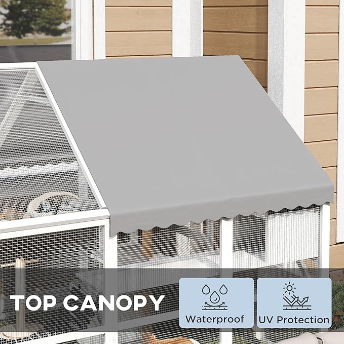 PawHut Large Catio Outdoor Cat Enclosure for Multiple Kittens, Wooden Cat House with Waterproof Cover, Walk in Kitty Cage Kennel with 2 Condos, 6 Platforms, Bridge, Doors, 110" x 73" x 74", White