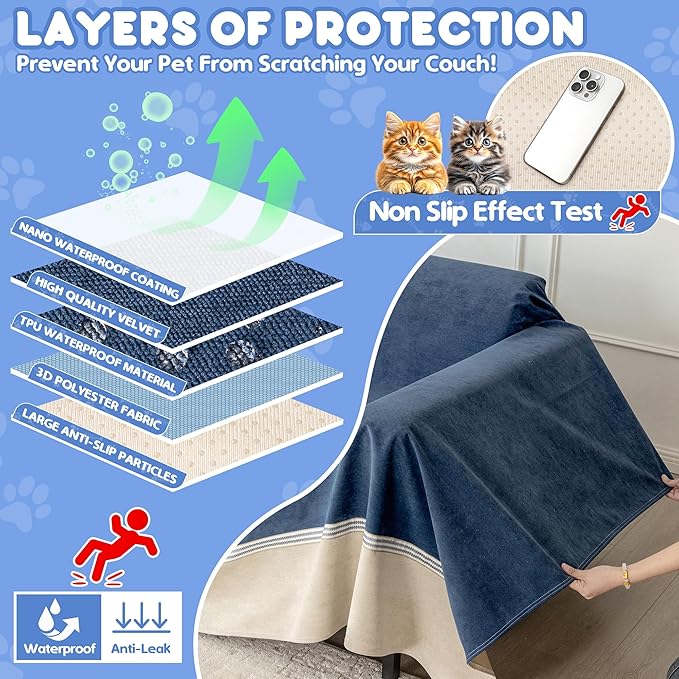 Cat Scratch Furniture Protector - Anti-Slip, Waterproof Sofa Cover to Keep Cats Off, Pet-Friendly Couch Protectors for 3 Cushion Couch, Anti-Scratch Couch Cover for Pets and Kids 150"X91"Navy Blue