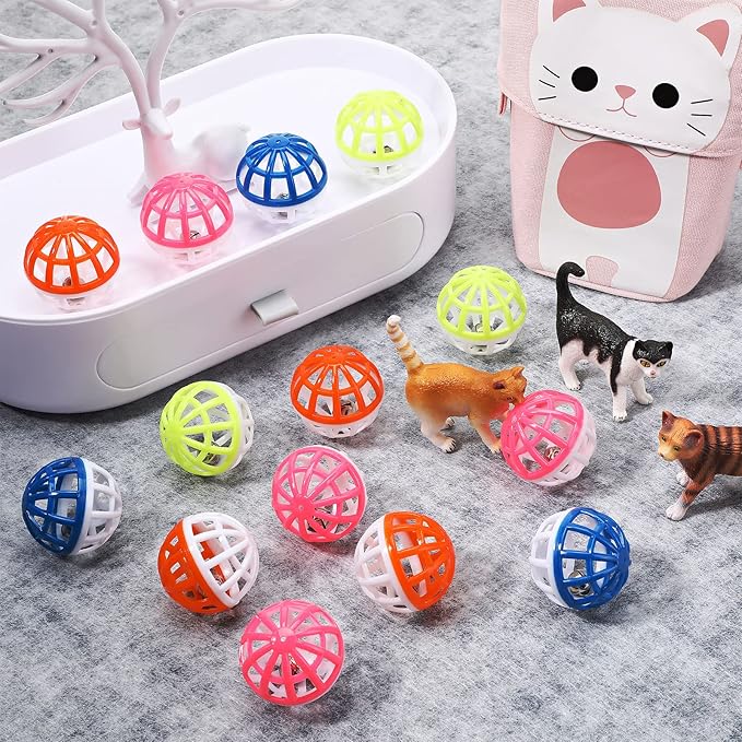 Hungdao 100 Pieces Cat Toys Balls, Plastic Lattice Balls Small Crinkle Cat Toys Assorted with Bell for Kitten Kitty PET Chase Pounce Rattle Play Toys, Assorted Color