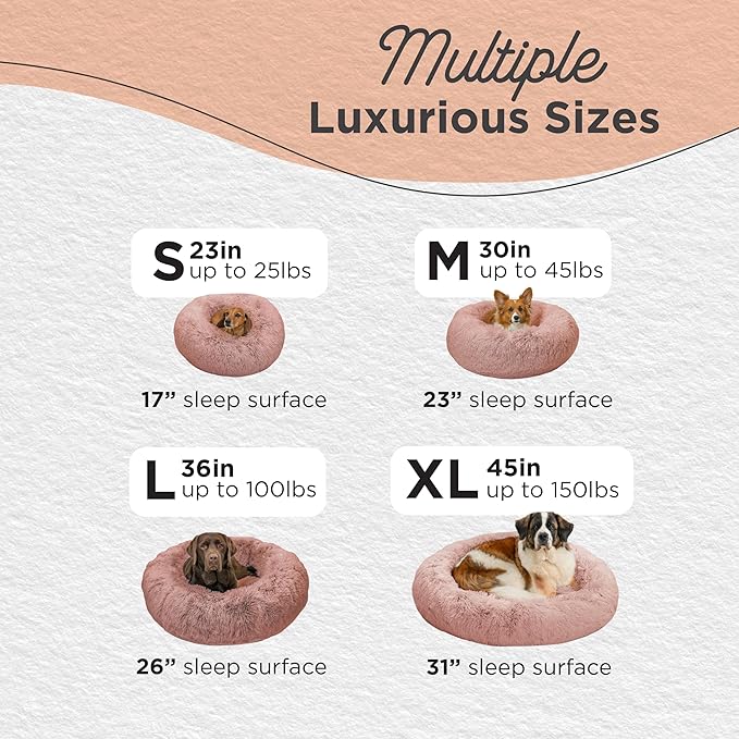 Best Friends by Sheri Original Calming Donut Dog and Cat Bed, Shag Faux Fur, Dusty Rose, (36in x 36in) - Anxiety Relief for Pets Up to 100 lbs