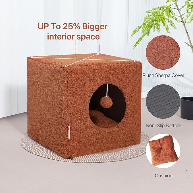 Cat House for Indoor Cats, Fluffy Large Cube Cat Cave Bed, Perfect Hideaway for Multiple Cats & Small Pets, Detachable Sherpa Cover 16 Inches