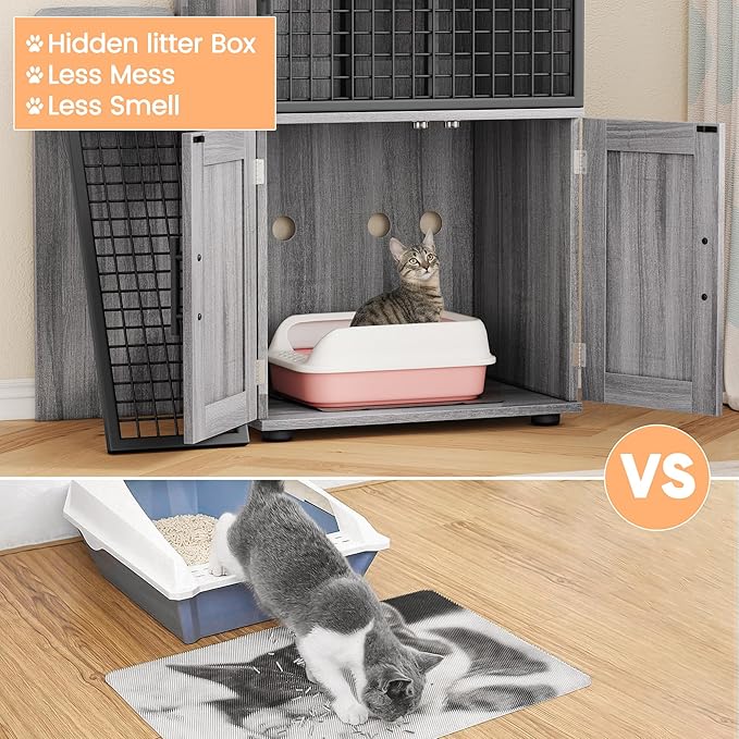 Cat Litter Box Furniture, Modern Cat Cabinet with Side Door, Double Layer Hidden Litter Box Enclosure & Pet House, Villa Style Cabinet with Side Door and Ladder for Indoor Cats