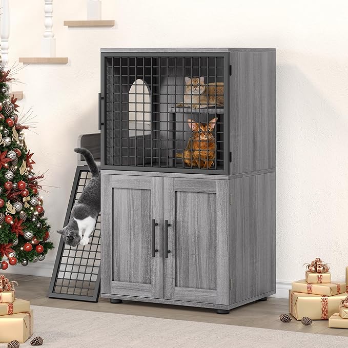 Cat Litter Box Furniture, Modern Cat Cabinet with Side Door, Double Layer Hidden Litter Box Enclosure & Pet House, Villa Style Cabinet with Side Door and Ladder for Indoor Cats
