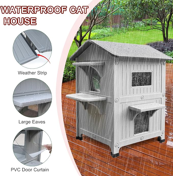 Rockever Luxury Plastic Outdoor Indoor Cat House with Escape Door, Waterproof 2 Story Outdoor Houses for Feral Cats Outside Cat Shelter, Spacious, Clean and Assemble Easily