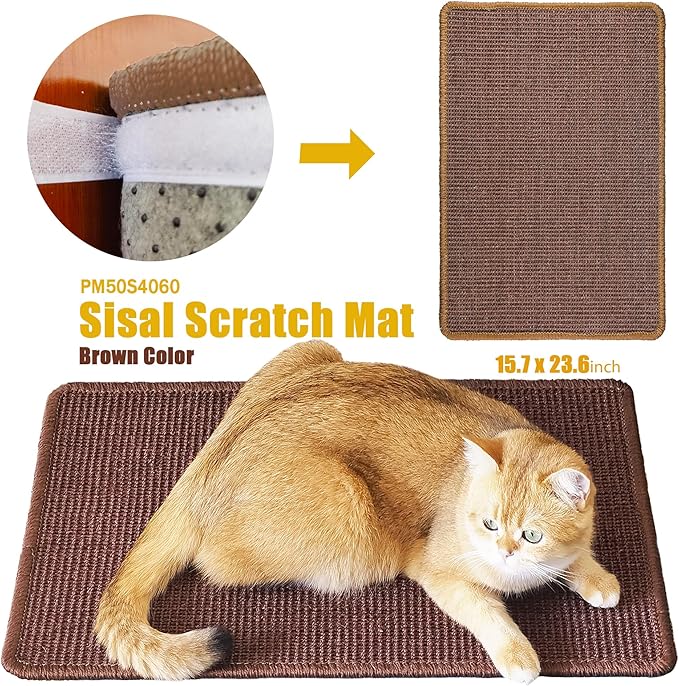 Cat Scratching Mat, 23.6 x 15.7inch Sisal Cat Scratchers for Indoor Cats with Velcro Tapes,Stick on Floor Wall Cat Scratcher,Horizontal Cat Scratcher Protect Carpets and Sofas (Dark Brown)…